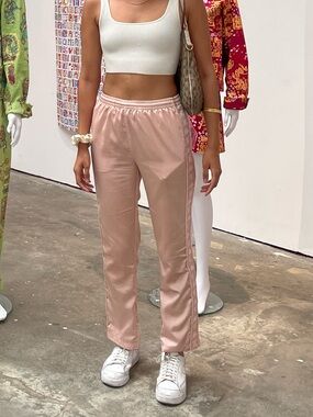 Kappa Women's Light Pink Satin Track Pants with Logo Tape